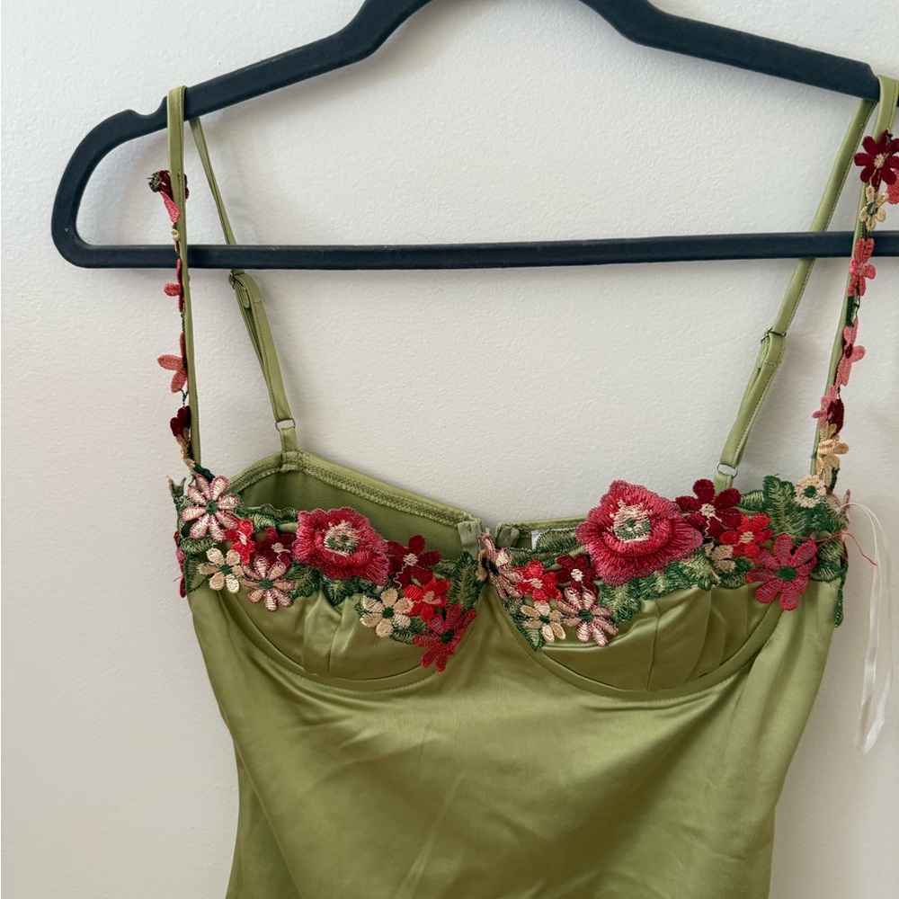 Princess Polly Olive Green Mini Dress with Red Floral Embroidery - Picture 2 of 4